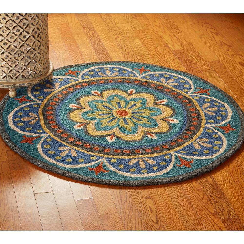 4’ Round Blue Floral Mandala Area Rug Blue. Picture 7
