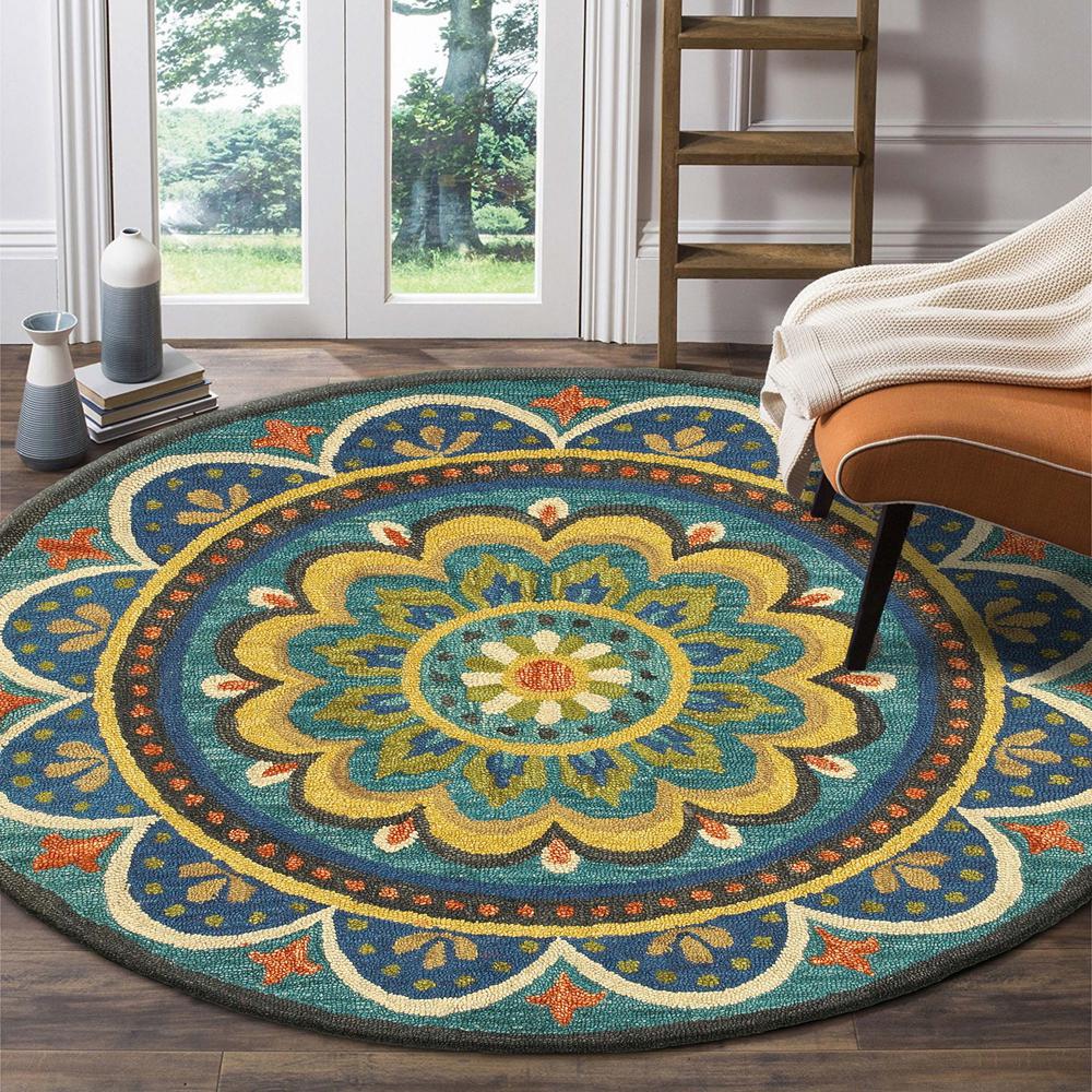 4’ Round Blue Floral Mandala Area Rug Blue. Picture 8