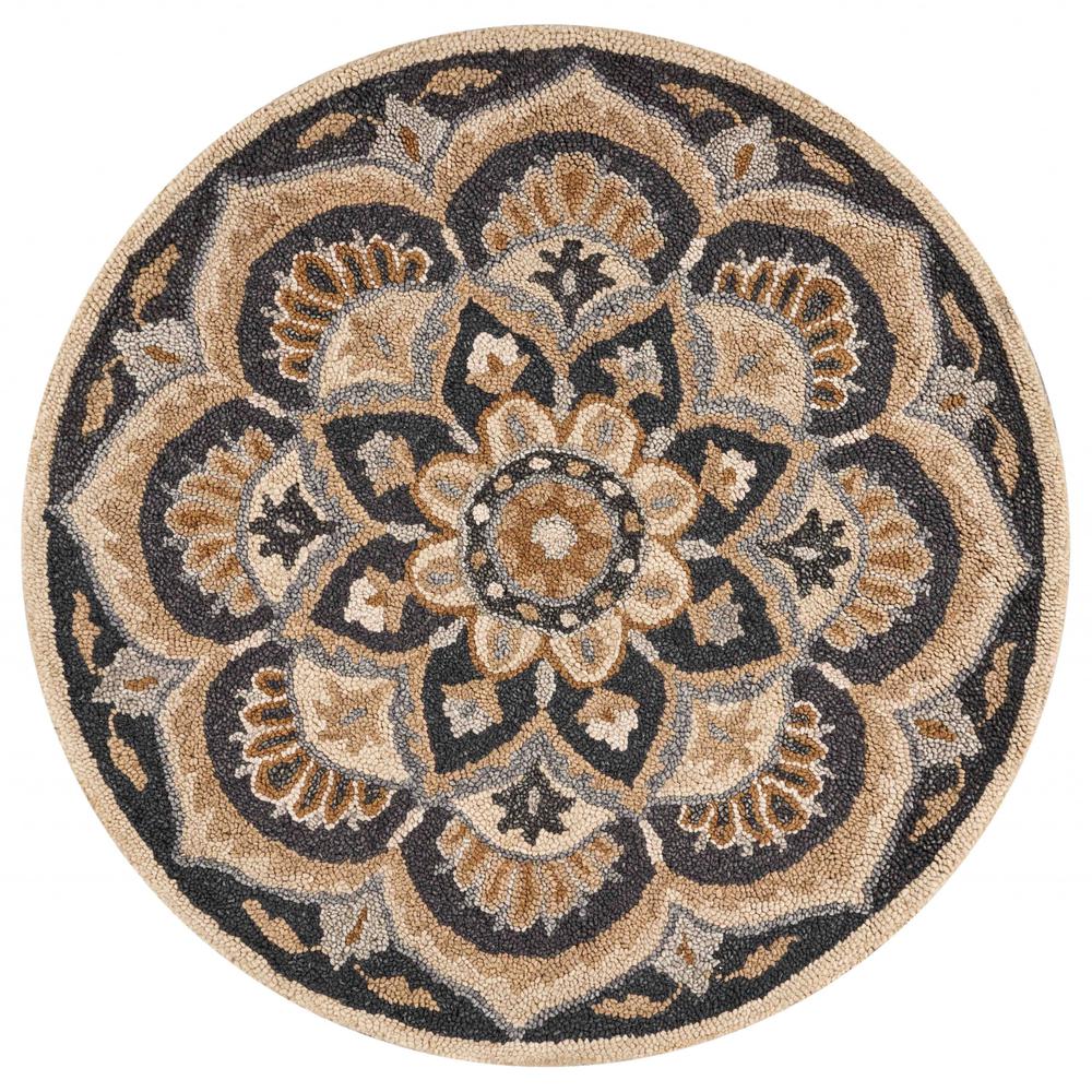 6’ Round Black Flower Blossom Area Rug Black. The main picture.