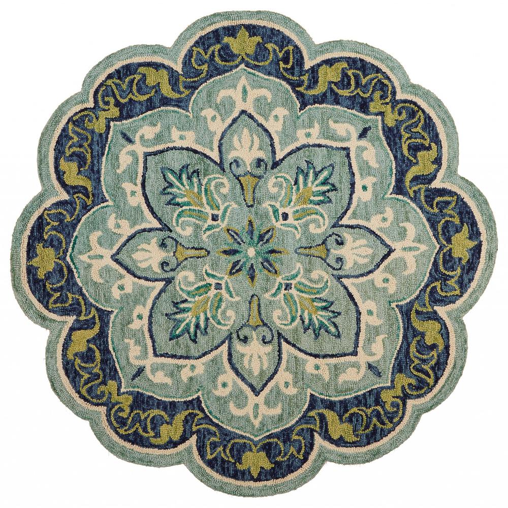 4’ Round Blue Ornate Medallion Area Rug Blue/Green. The main picture.