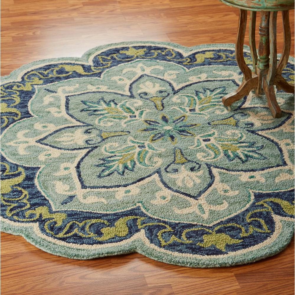 4’ Round Blue Ornate Medallion Area Rug Blue/Green. Picture 6