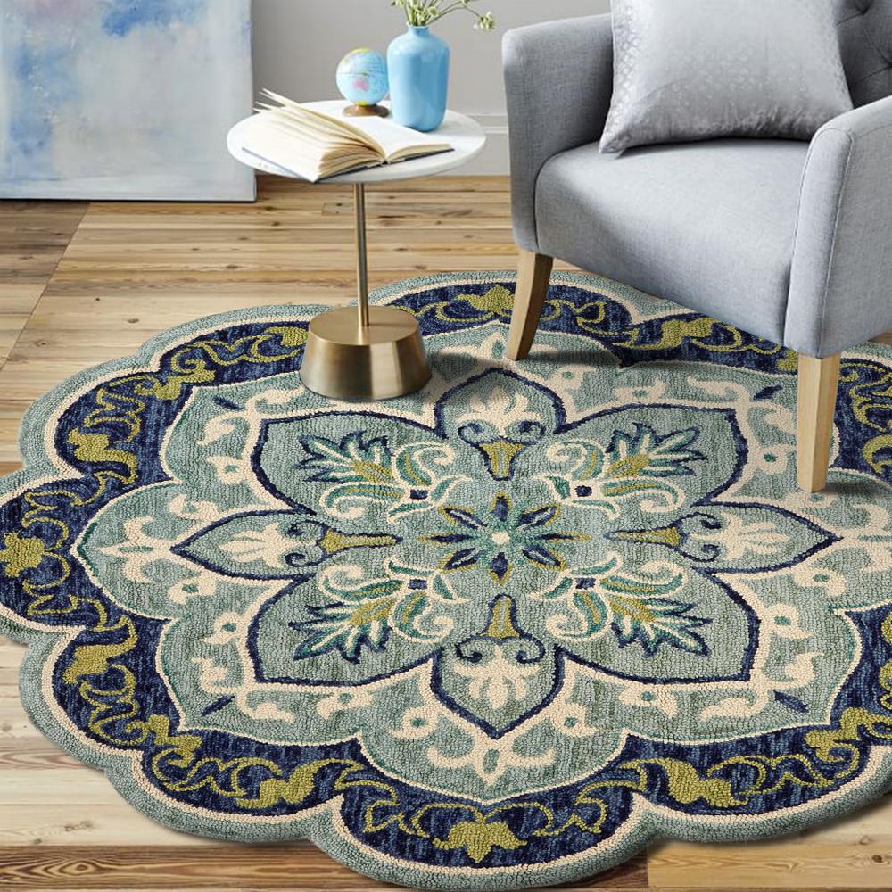 4’ Round Blue Ornate Medallion Area Rug Blue/Green. Picture 7