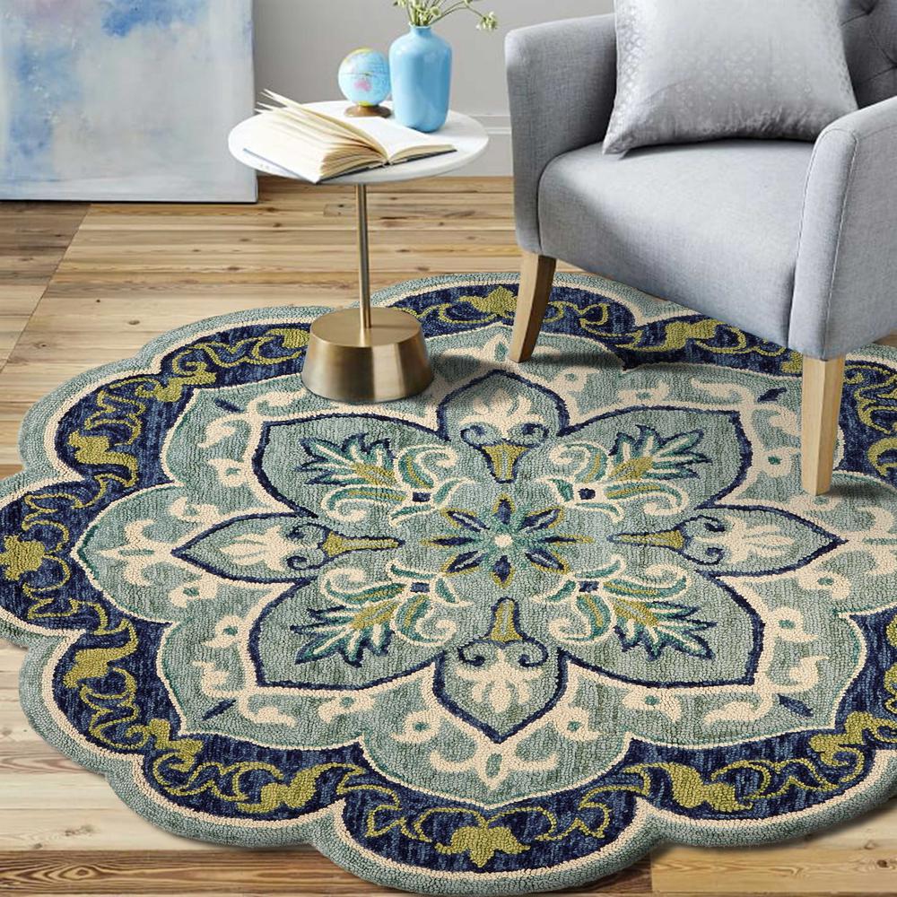 4’ Round Blue Ornate Medallion Area Rug Blue/Green. Picture 8