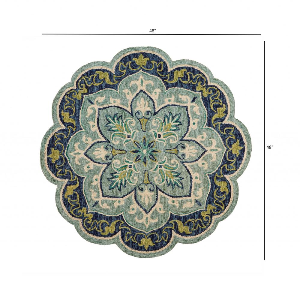 4’ Round Blue Ornate Medallion Area Rug Blue/Green. Picture 9