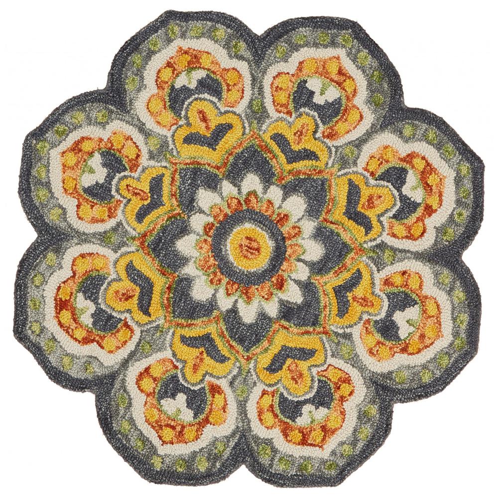 4’ Round Gray and Gold Floret Area Rug Gray. Picture 1