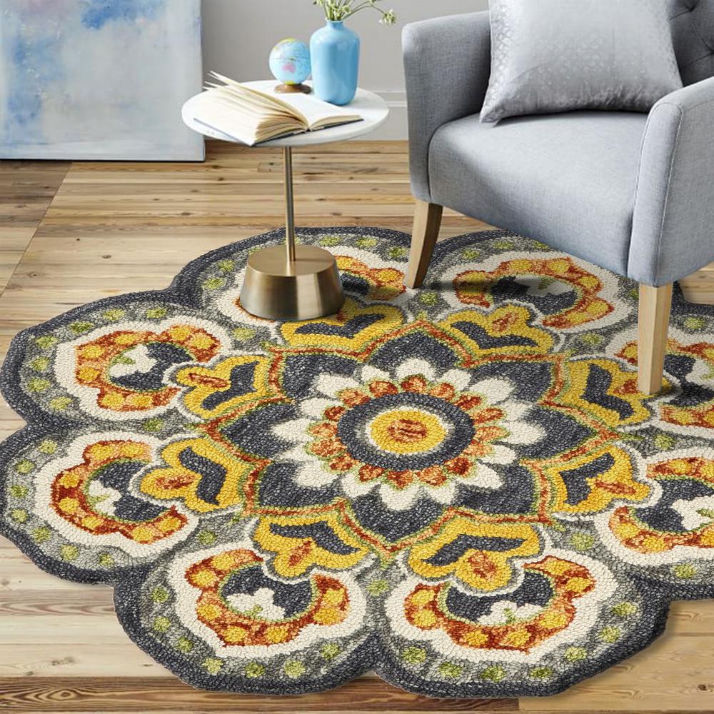4’ Round Gray and Gold Floret Area Rug Gray. Picture 7