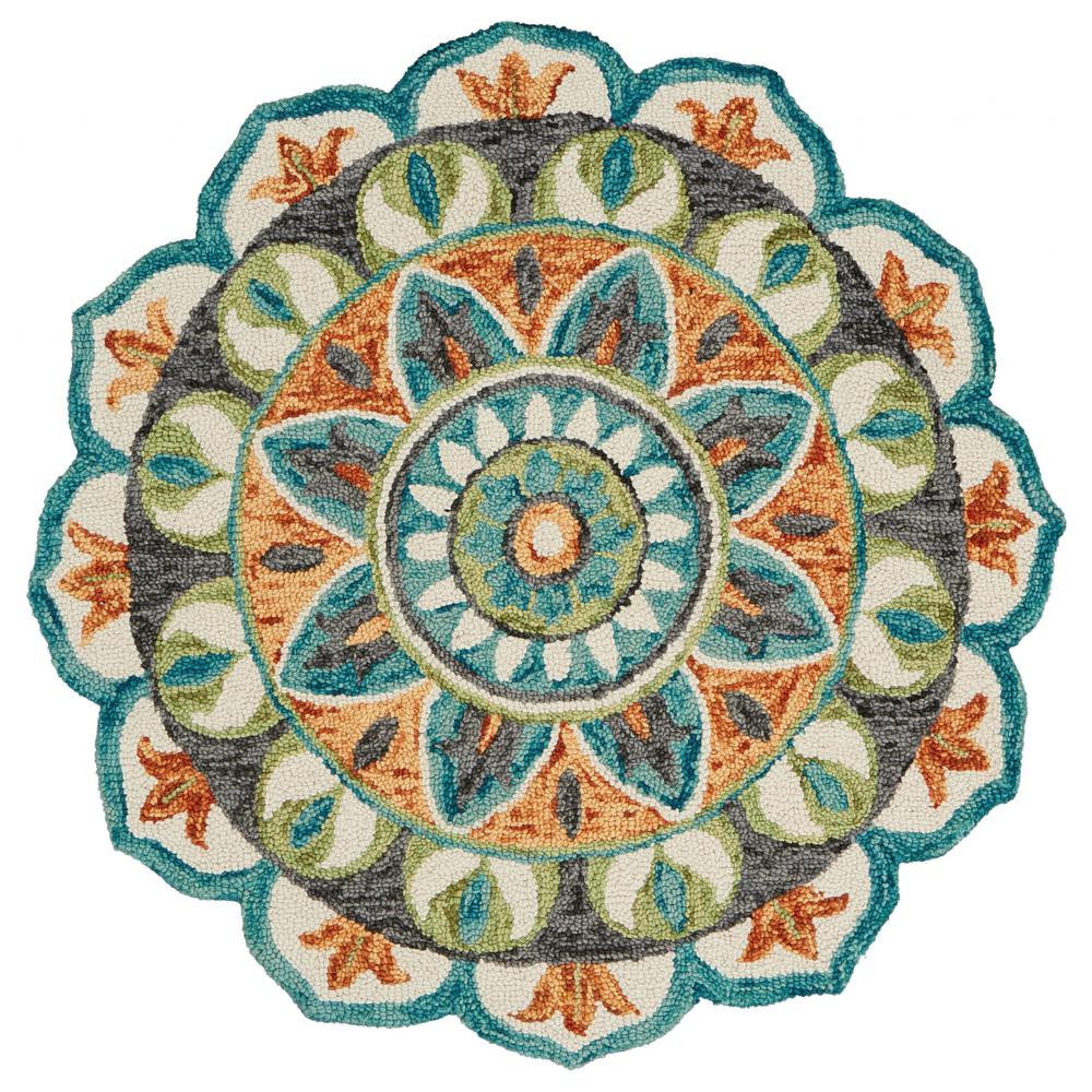 4’ Round Blue and Orange Medallion Area Rug Blue/Green. Picture 1