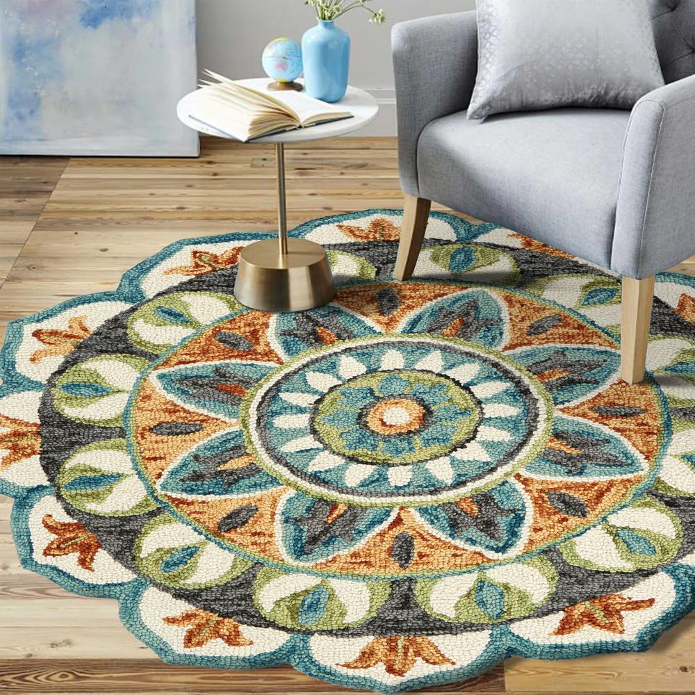 4’ Round Blue and Orange Medallion Area Rug Blue/Green. Picture 8