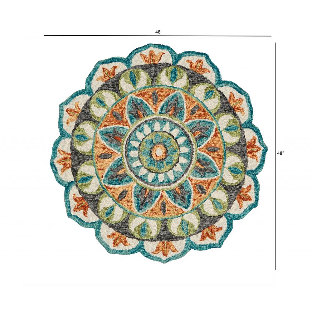 4’ Round Blue and Orange Medallion Area Rug Blue/Green. Picture 9