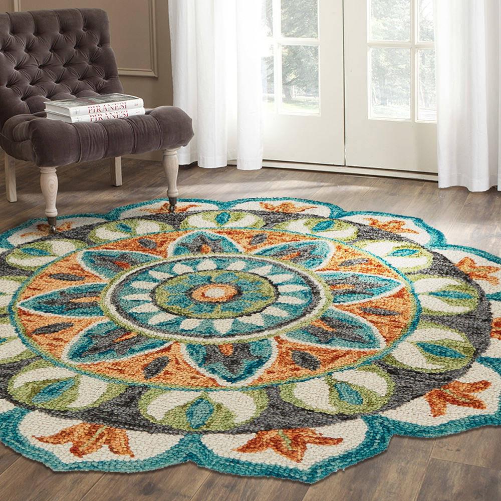 6’ Round Blue and Orange Medallion Area Rug Blue/Green. Picture 7