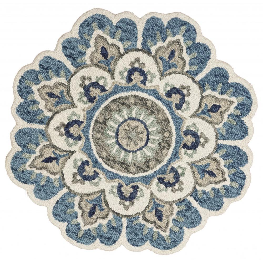6’ Round Blue Modern Floral Area Rug Blue/Green. Picture 1