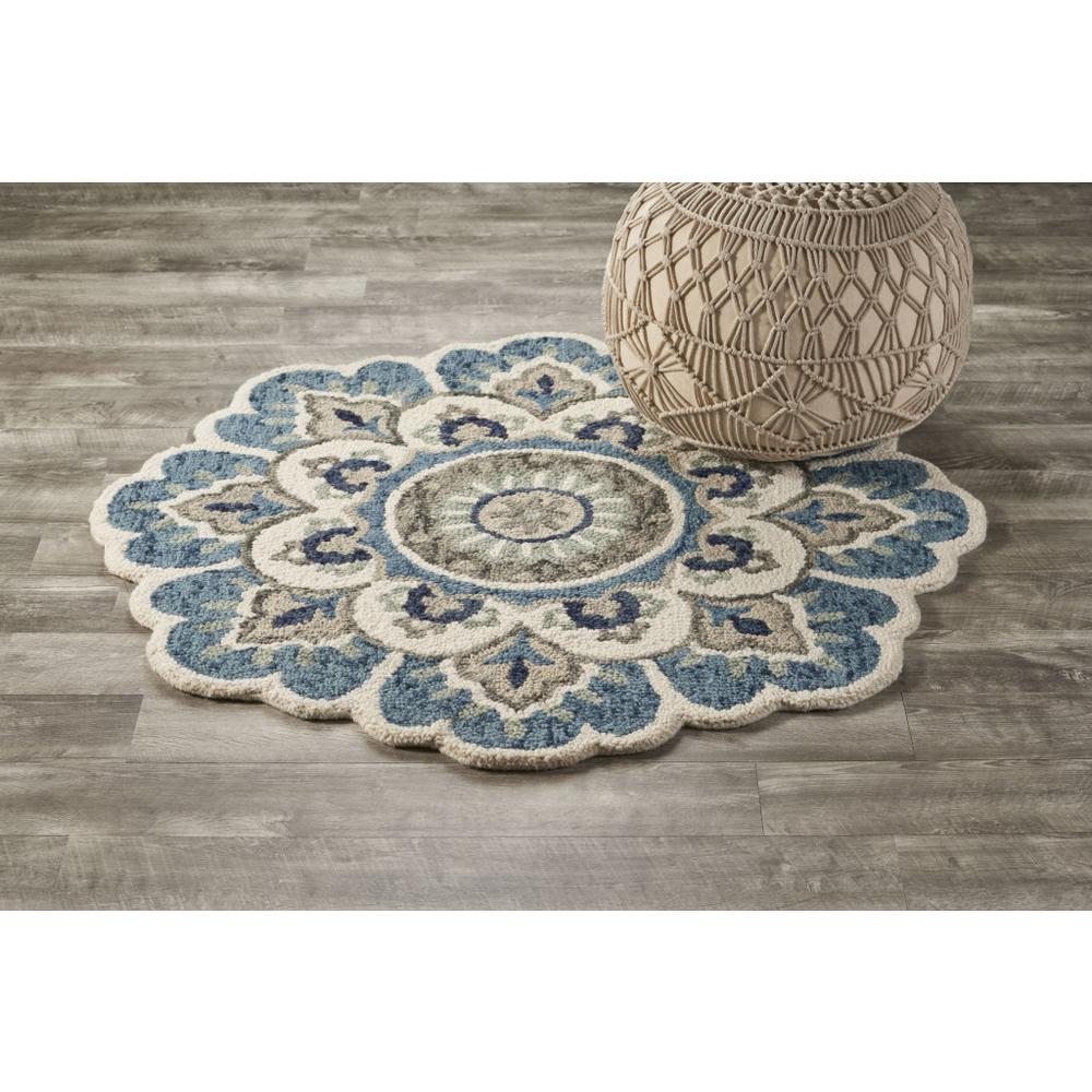 6’ Round Blue Modern Floral Area Rug Blue/Green. Picture 7