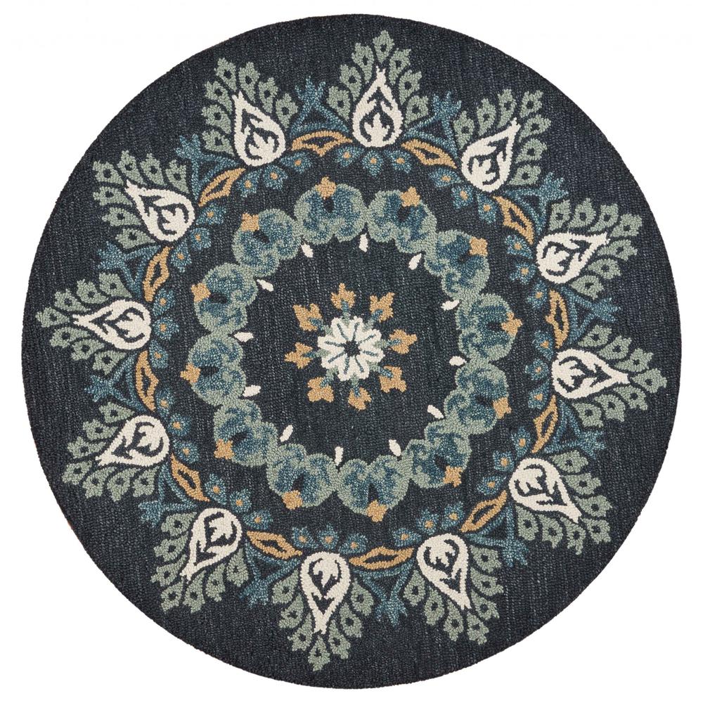 4’ Round Black Floral Paradise Area Rug Black/Blue. The main picture.