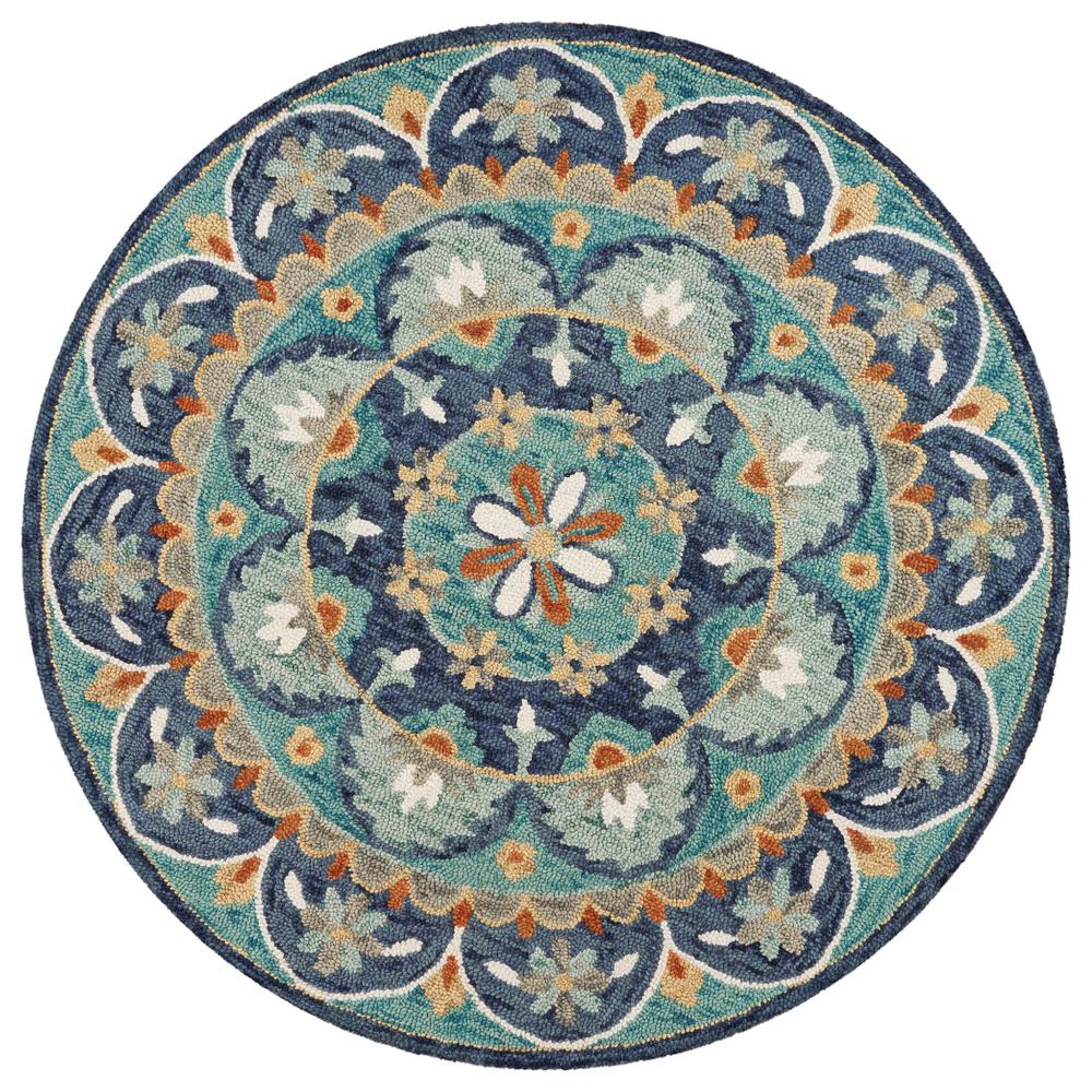 4’ Round Blue Floral Mandala Area Rug Blue/Green. Picture 1