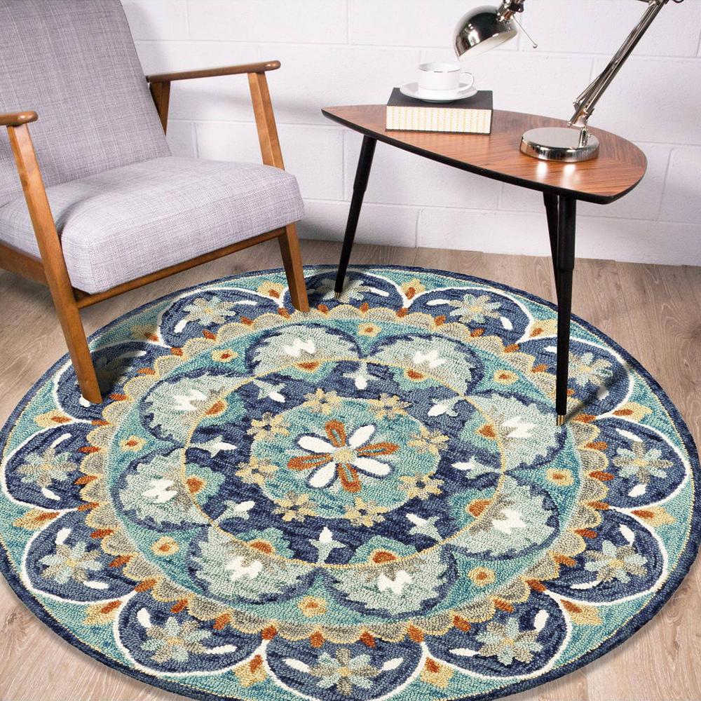 4’ Round Blue Floral Mandala Area Rug Blue/Green. Picture 8