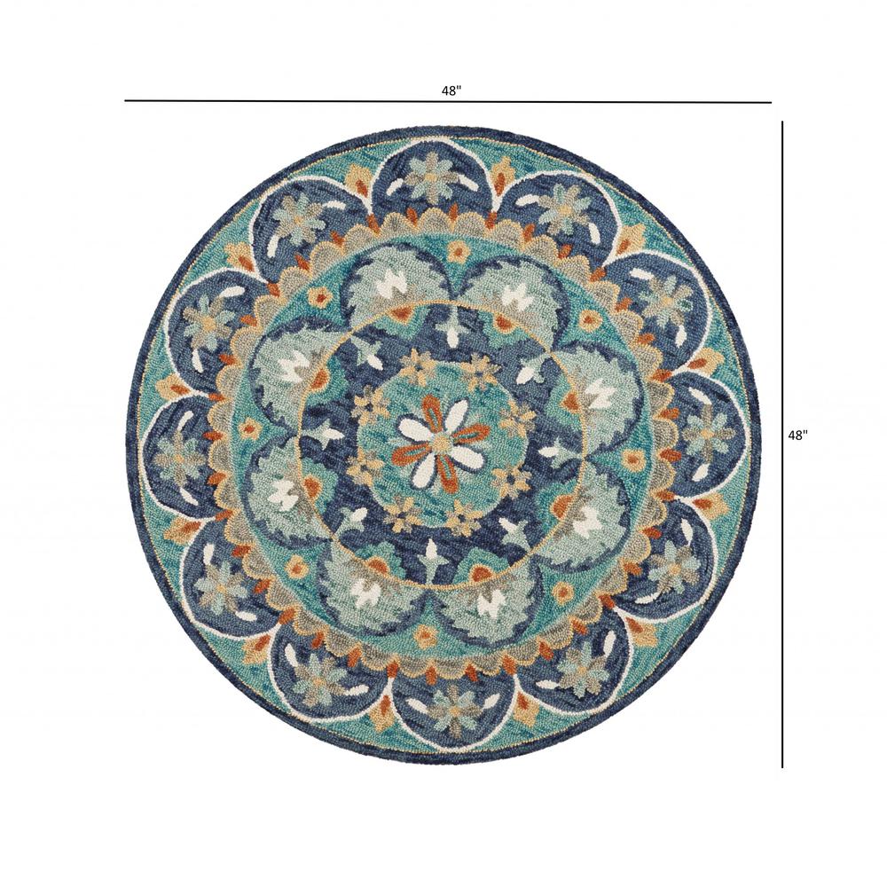 4’ Round Blue Floral Mandala Area Rug Blue/Green. Picture 9