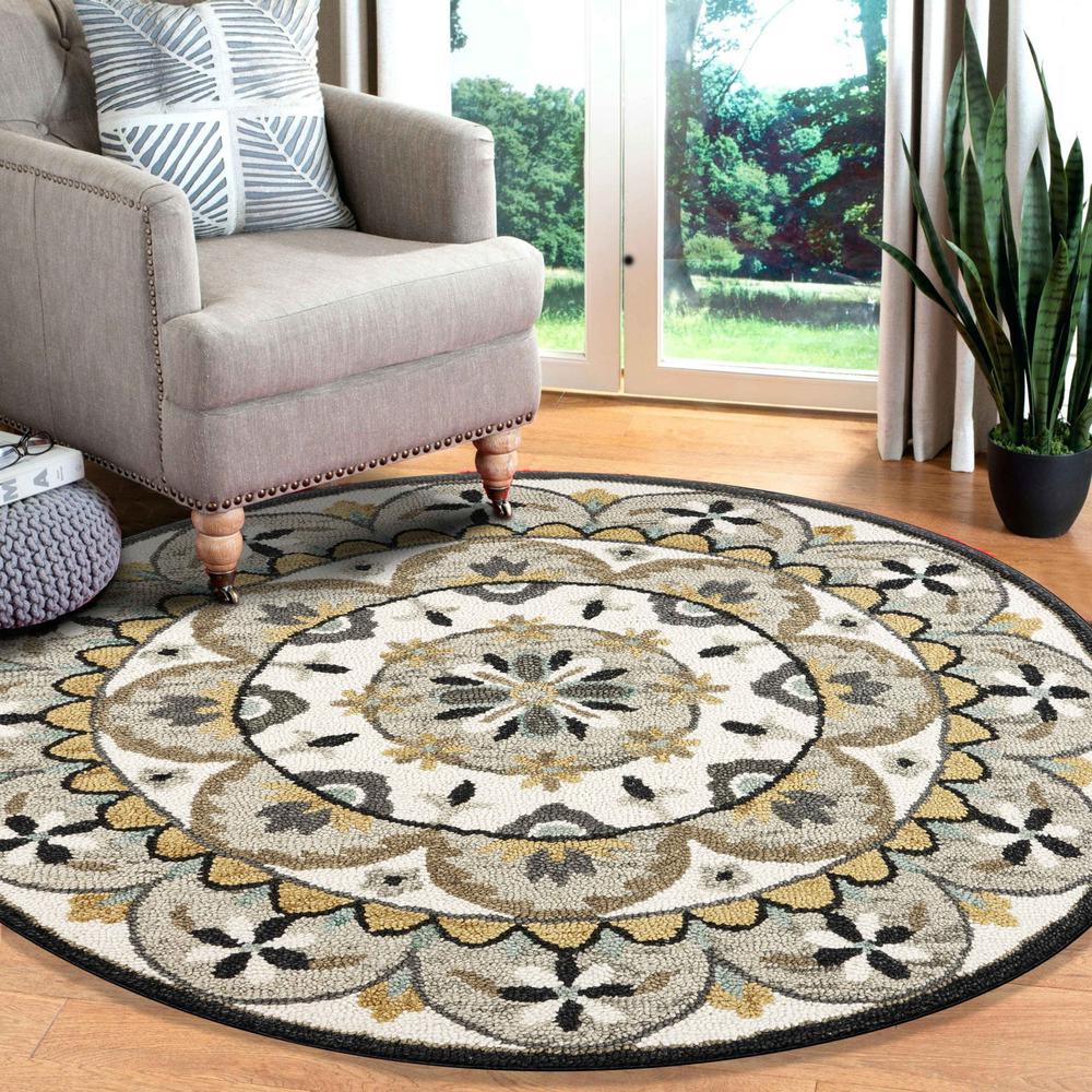 4’ Round Gray and Ivory Floral Bloom Area Rug Gray/ivory. Picture 8