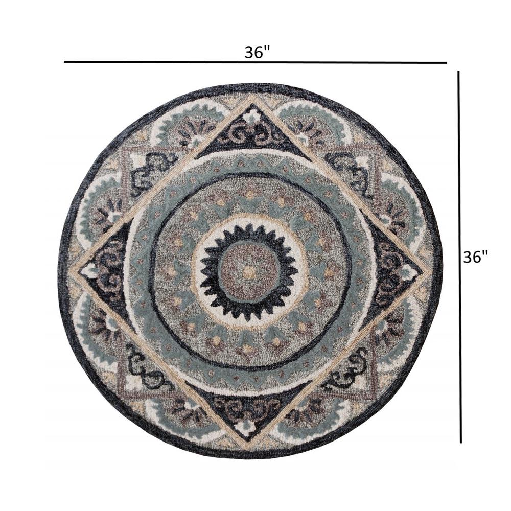 3’ Round Gray Geometric Medallion Area Rug Gray/Cream/Blue. Picture 6