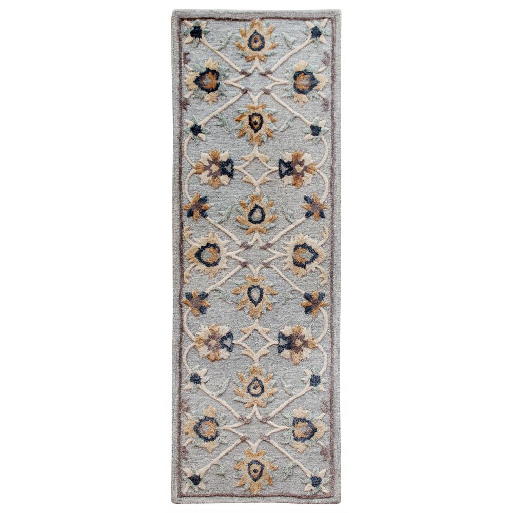 2’ x 7’ Blue and Beige Floral Runner Rug Blue/Cream/Beige. Picture 1