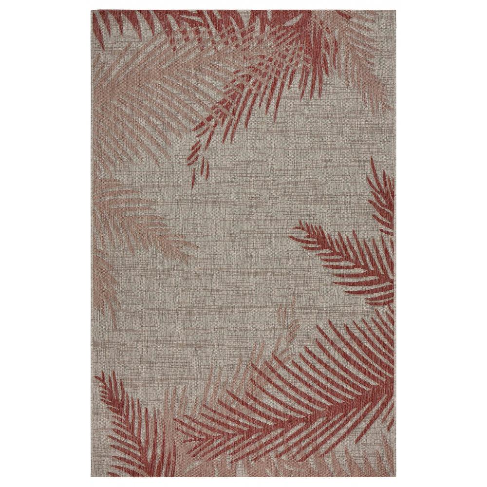 5’ x 7’ Red Palm Leaves Indoor Outdoor Area Rug Beige. Picture 1
