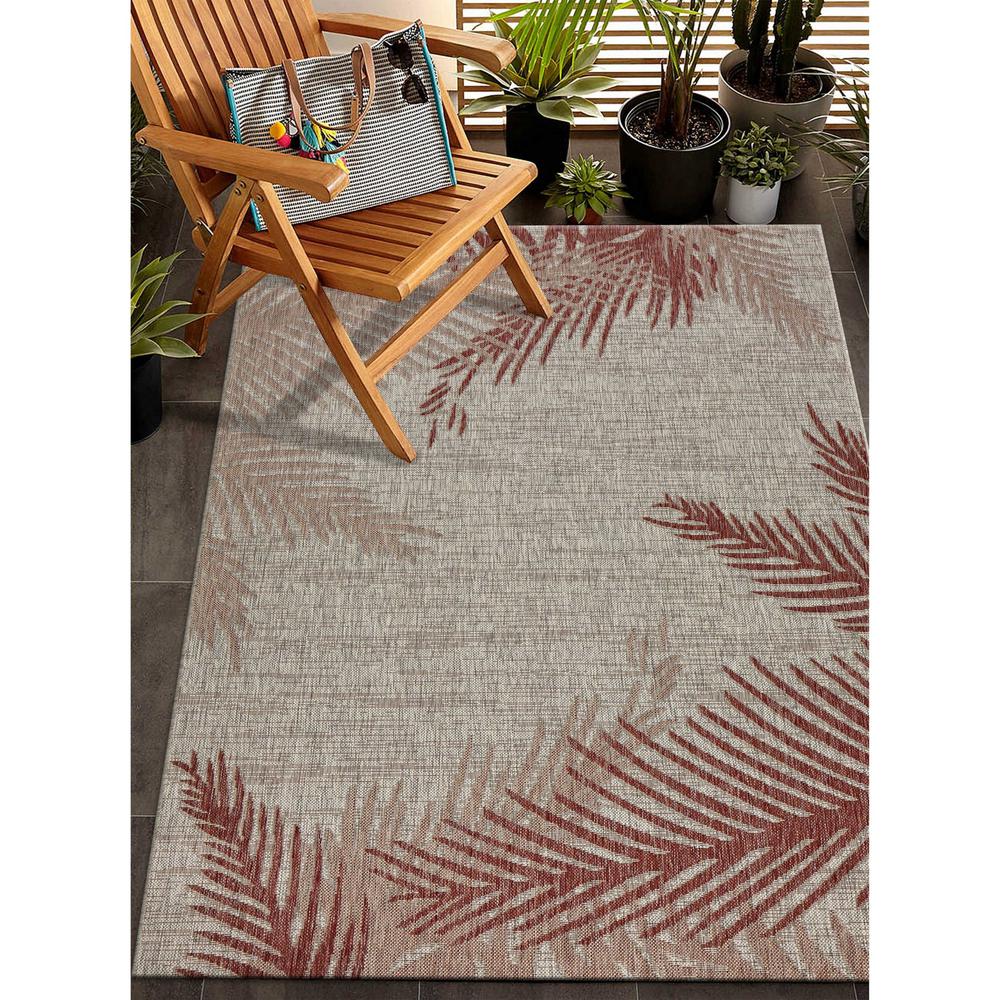5’ x 7’ Red Palm Leaves Indoor Outdoor Area Rug Beige. Picture 8