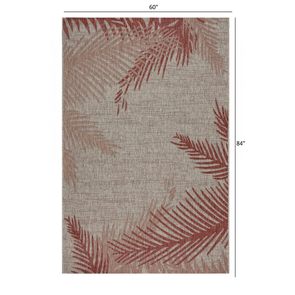 5’ x 7’ Red Palm Leaves Indoor Outdoor Area Rug Beige. Picture 9