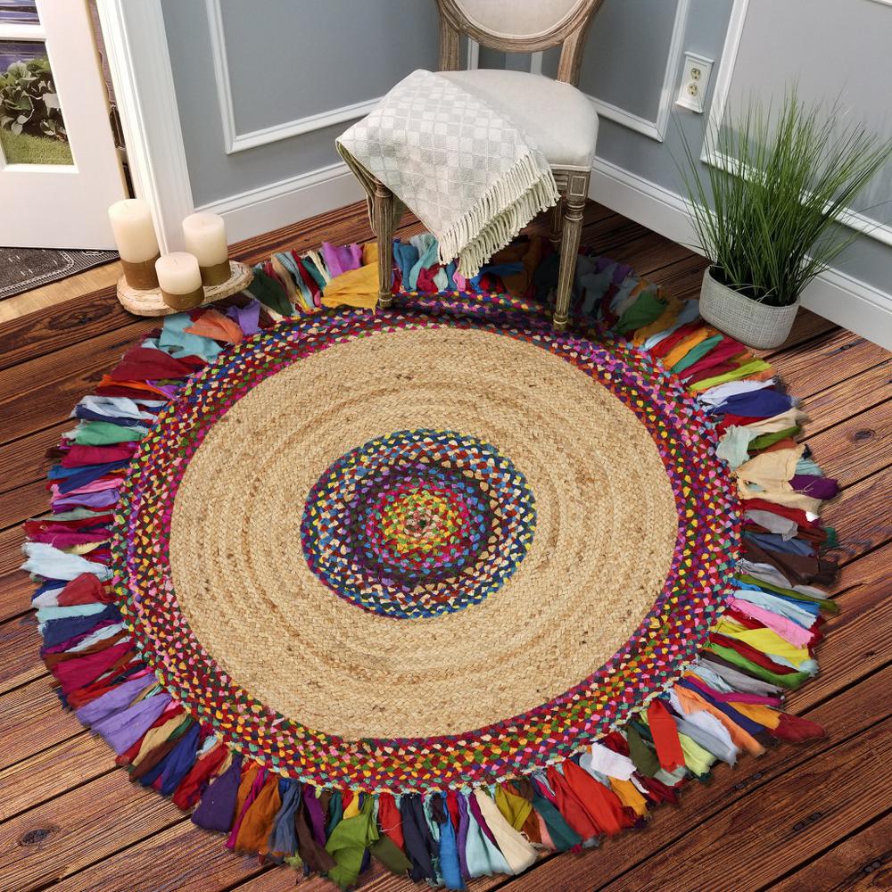 Natural Jute Multicolored Medallion Area Rug with Fringe Multi. Picture 6