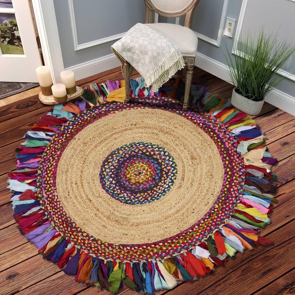 Natural Jute Multicolored Medallion Area Rug with Fringe Multi. Picture 7