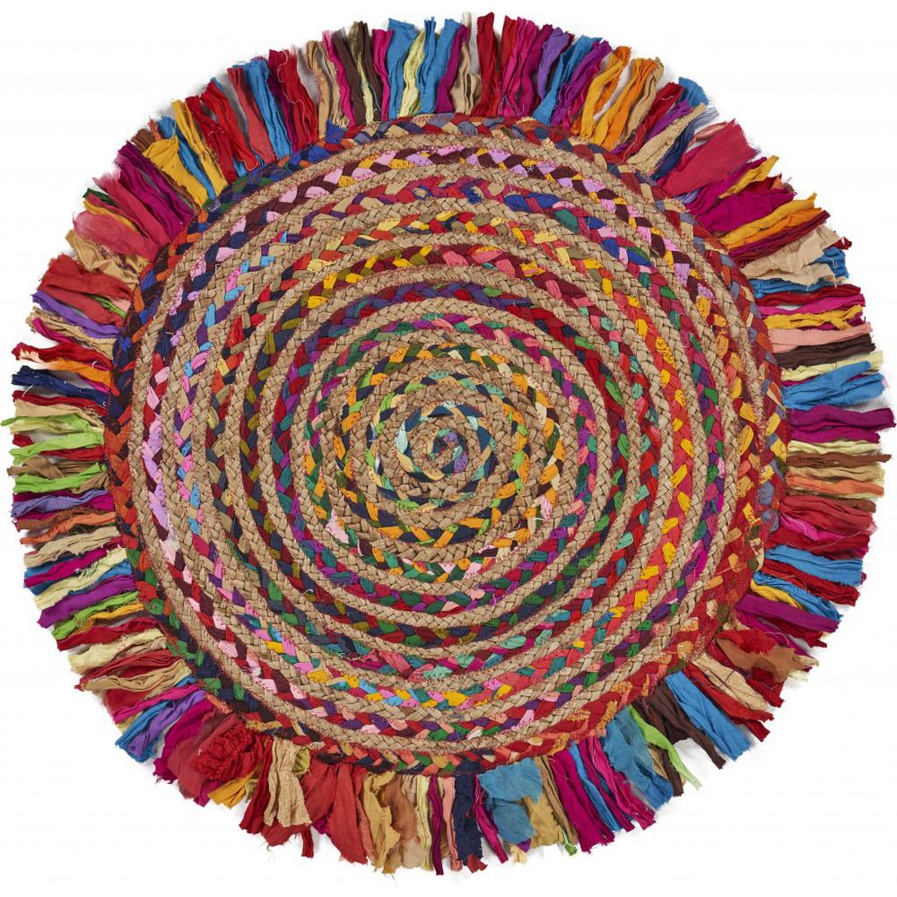 Multicolored Chindi and Natural Jute Fringed Round Rug-Multi/Natural. Picture 1