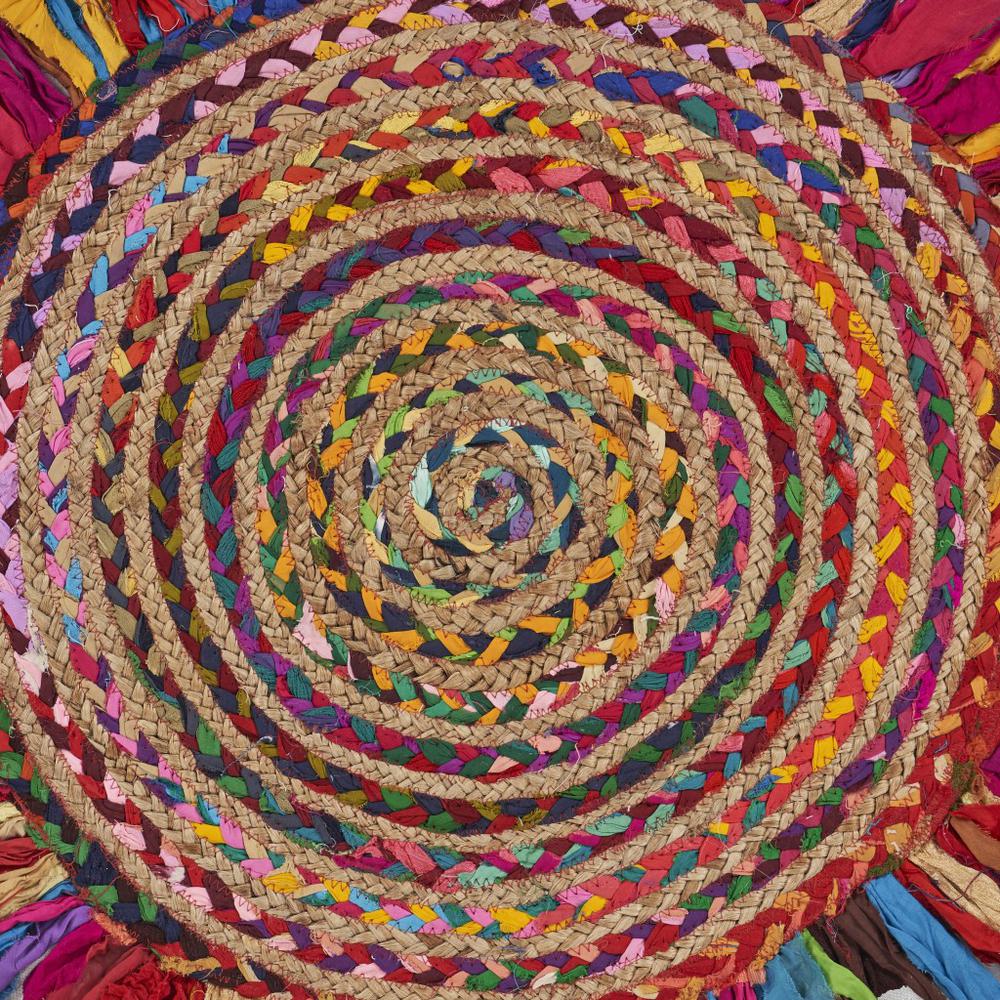 Multicolored Chindi and Natural Jute Fringed Round Rug-Multi/Natural. Picture 2