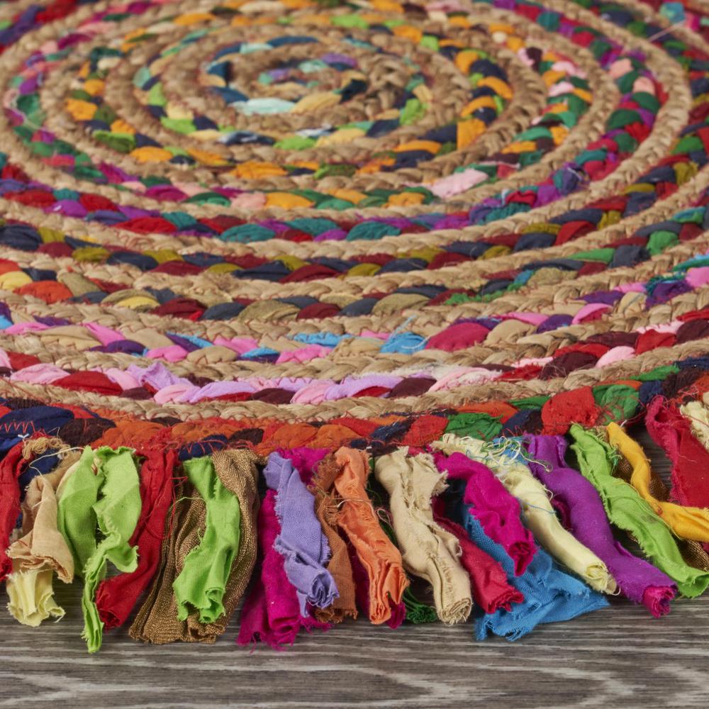 Multicolored Chindi and Natural Jute Fringed Round Rug-Multi/Natural. Picture 3