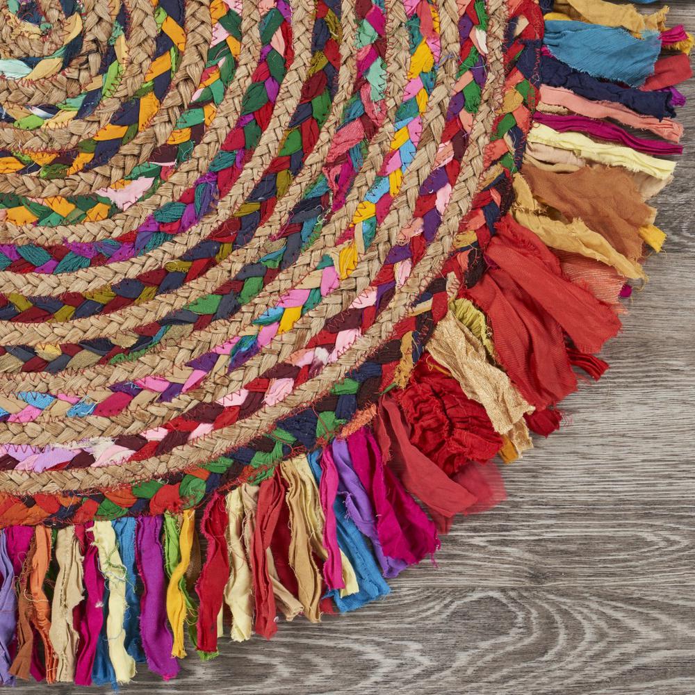 Multicolored Chindi and Natural Jute Fringed Round Rug-Multi/Natural. Picture 6