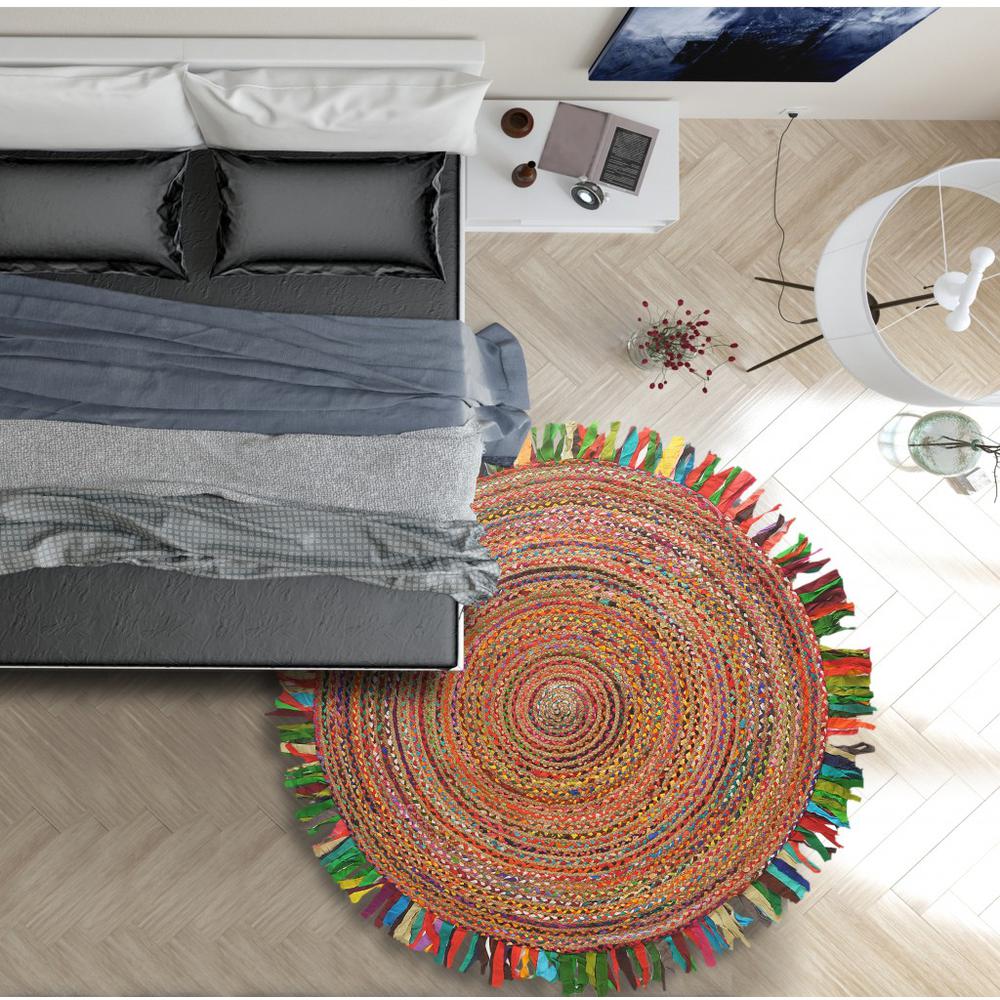 Multicolored Chindi and Natural Jute Fringed Round Rug-Multi/Natural. Picture 7