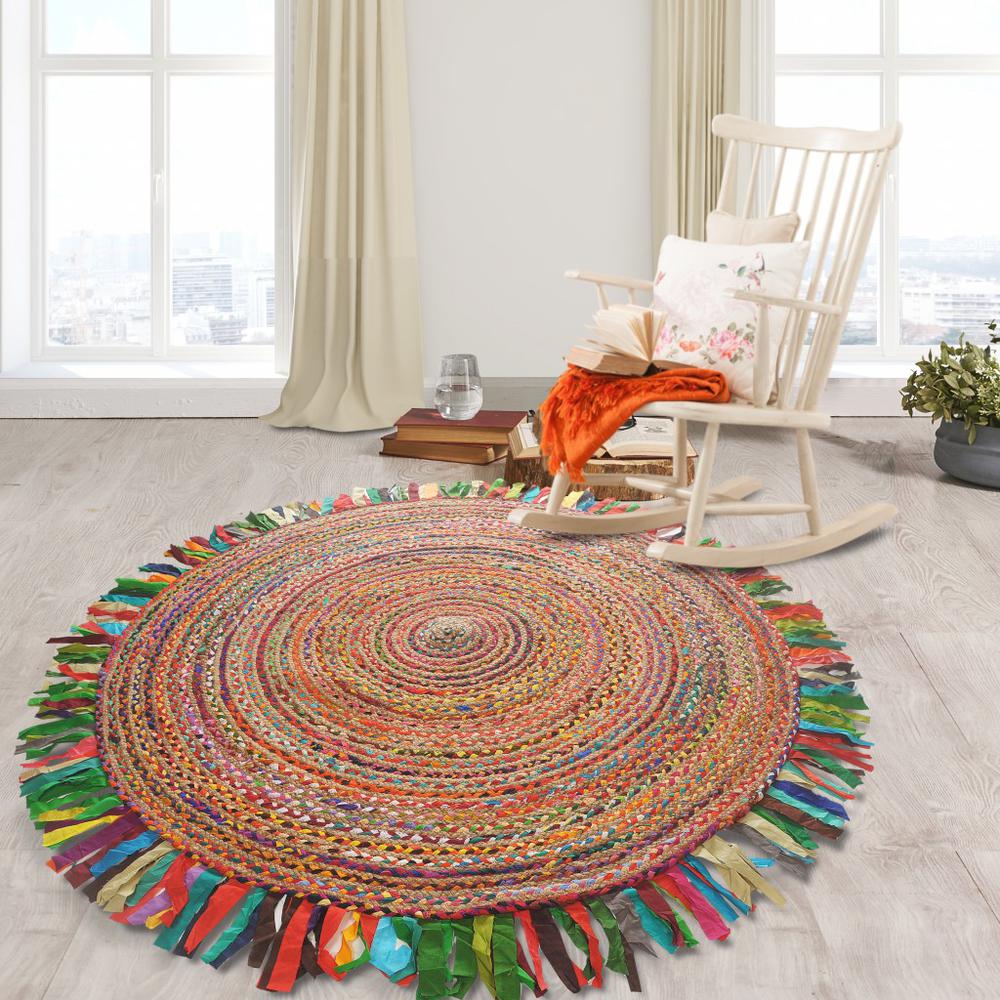 Multicolored Chindi and Natural Jute Fringed Round Rug-Multi/Natural. Picture 8