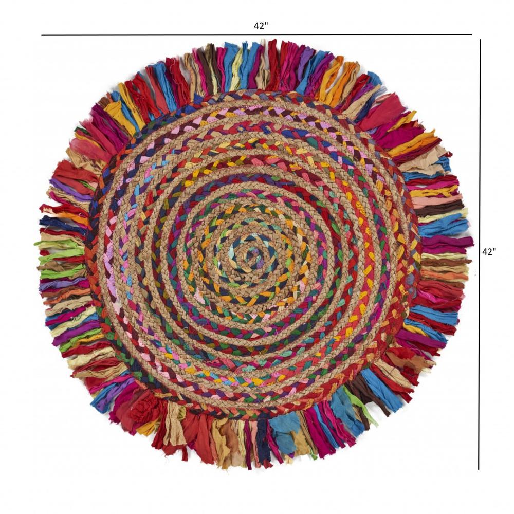 Multicolored Chindi and Natural Jute Fringed Round Rug-Multi/Natural. Picture 9