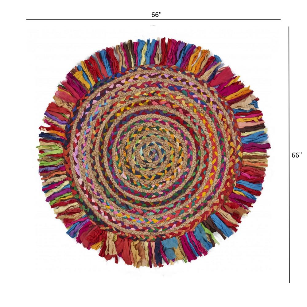 Multicolored Chindi and Natural Jute Fringed Round Rug Multi/Natural. Picture 9