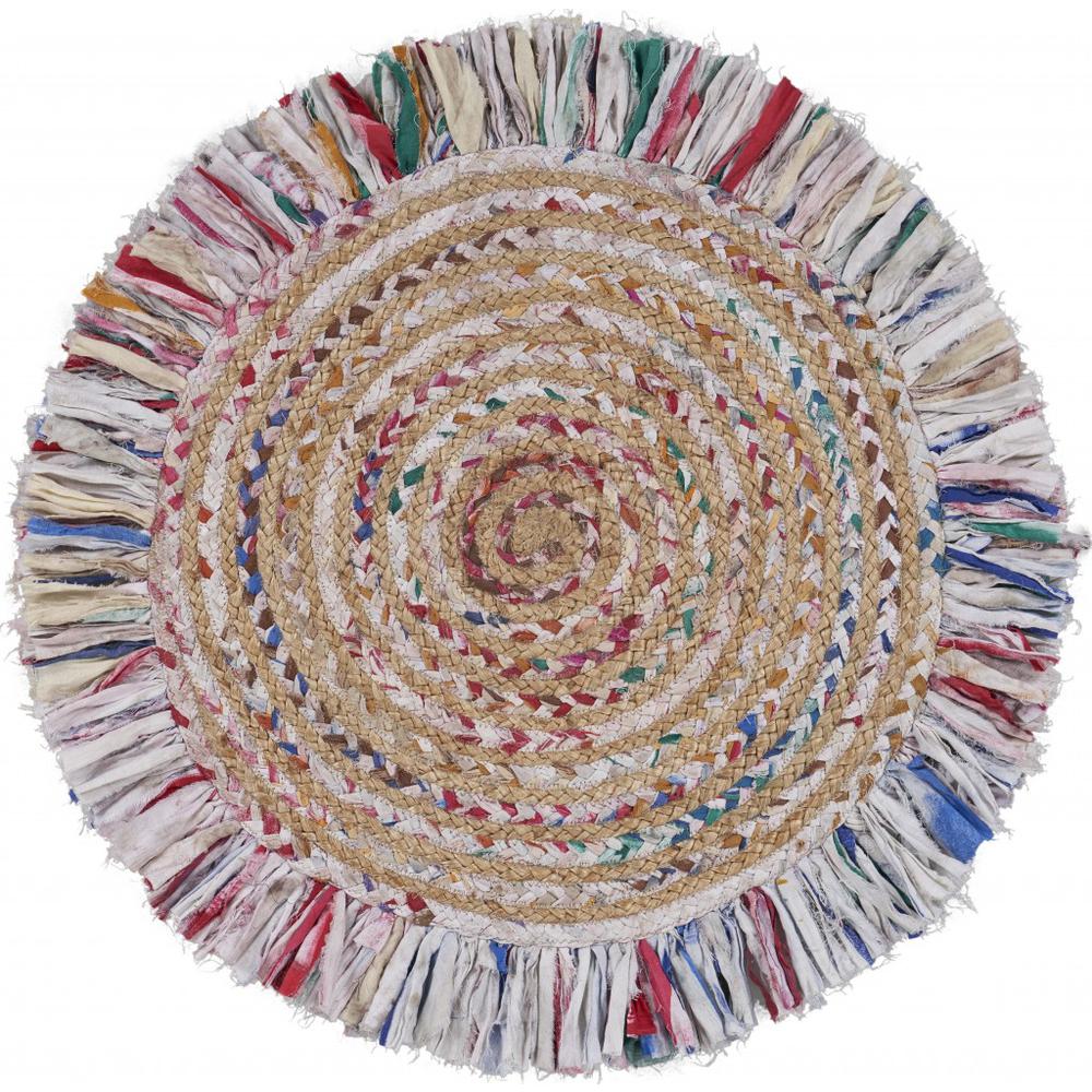 Bleached Multicolored Chindi and Natural Jute Fringed Round Rug-White/Multi/Natural. Picture 1