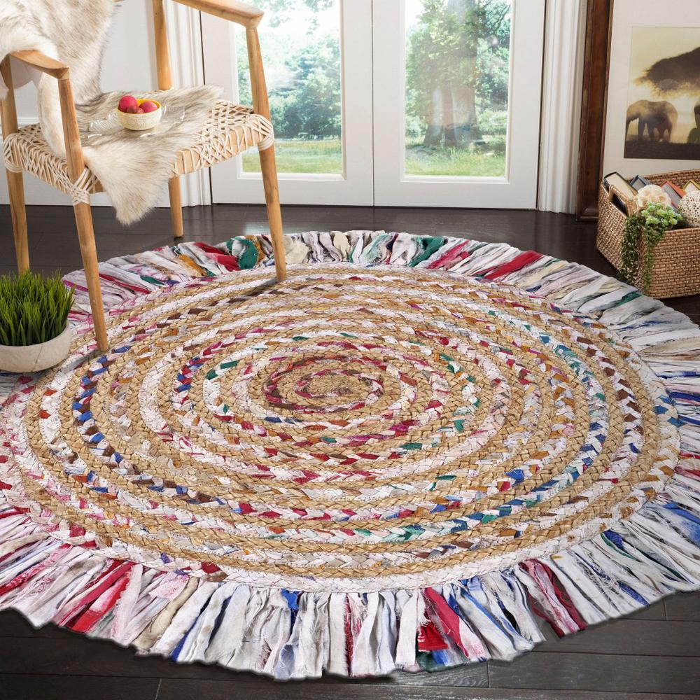 Bleached Multicolored Chindi and Natural Jute Fringed Round Rug-White/Multi/Natural. Picture 2