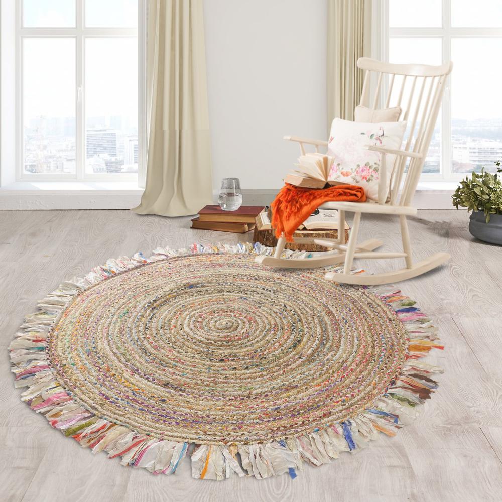 Bleached Multicolored Chindi and Natural Jute Fringed Round Rug-White/Multi/Natural. Picture 3