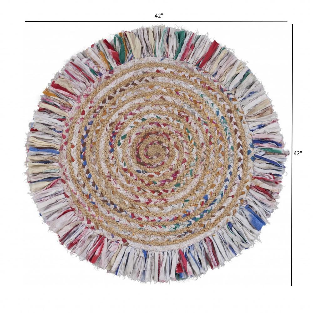 Bleached Multicolored Chindi and Natural Jute Fringed Round Rug-White/Multi/Natural. Picture 4