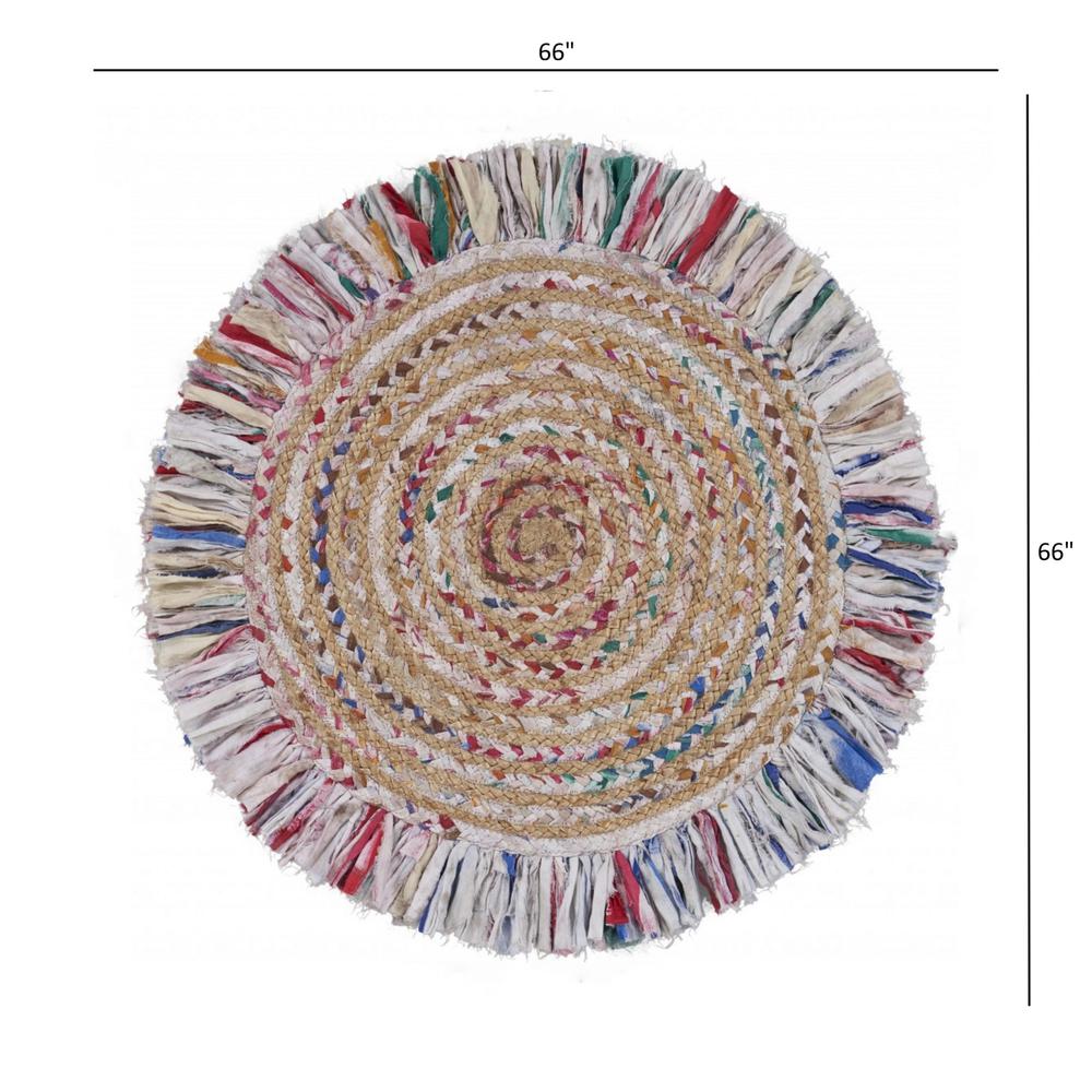 Bleached Multicolored Chindi and Natural Jute Fringed Round Rug White/Multi/Natural. Picture 4