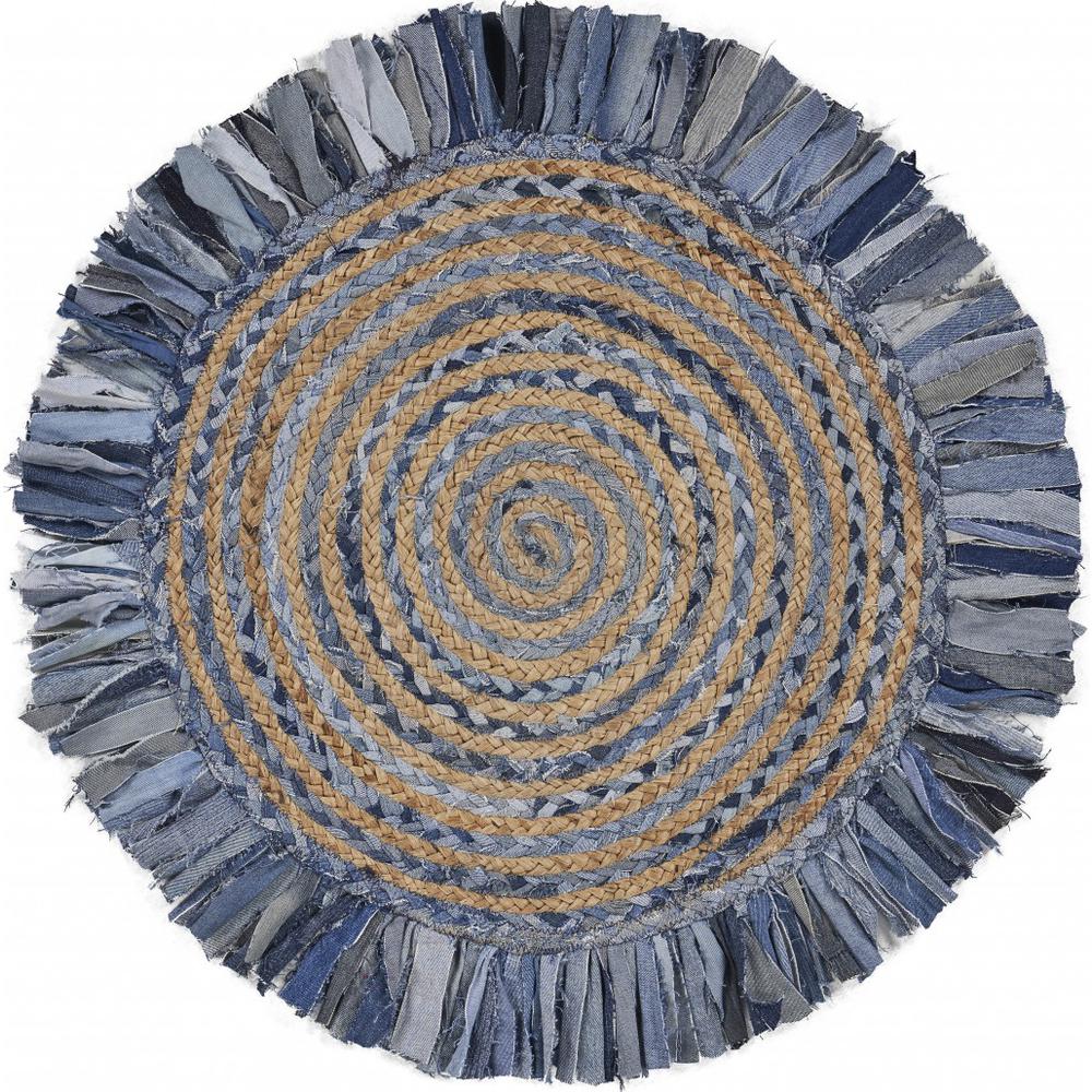 Denim and Natural Jute Round Swirl Fringed Rug-Denim Blue/Natural. Picture 1