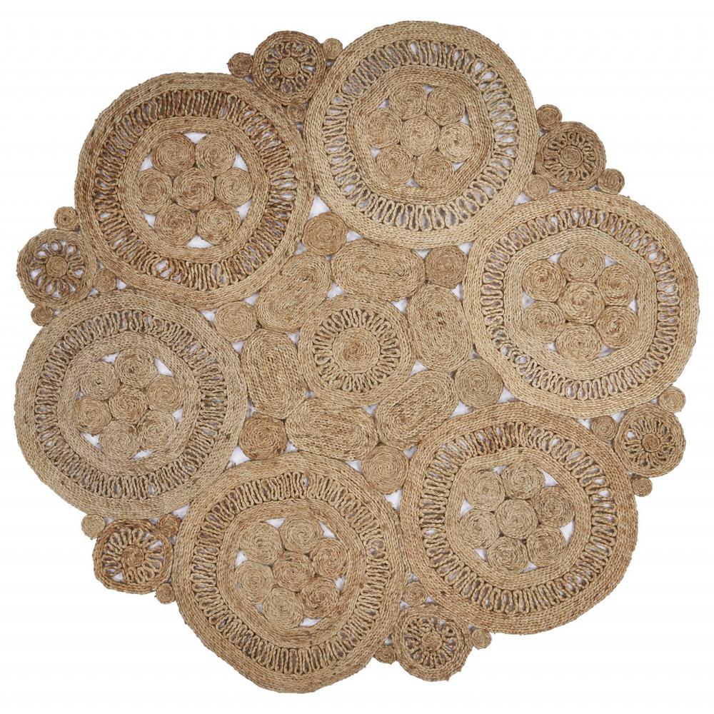 6’ Tan Floral Rings Jute Area Rug Natural. Picture 1