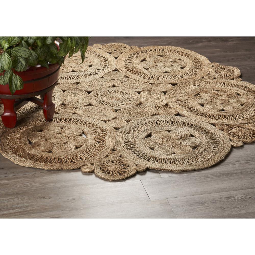 6’ Tan Floral Rings Jute Area Rug Natural. Picture 7