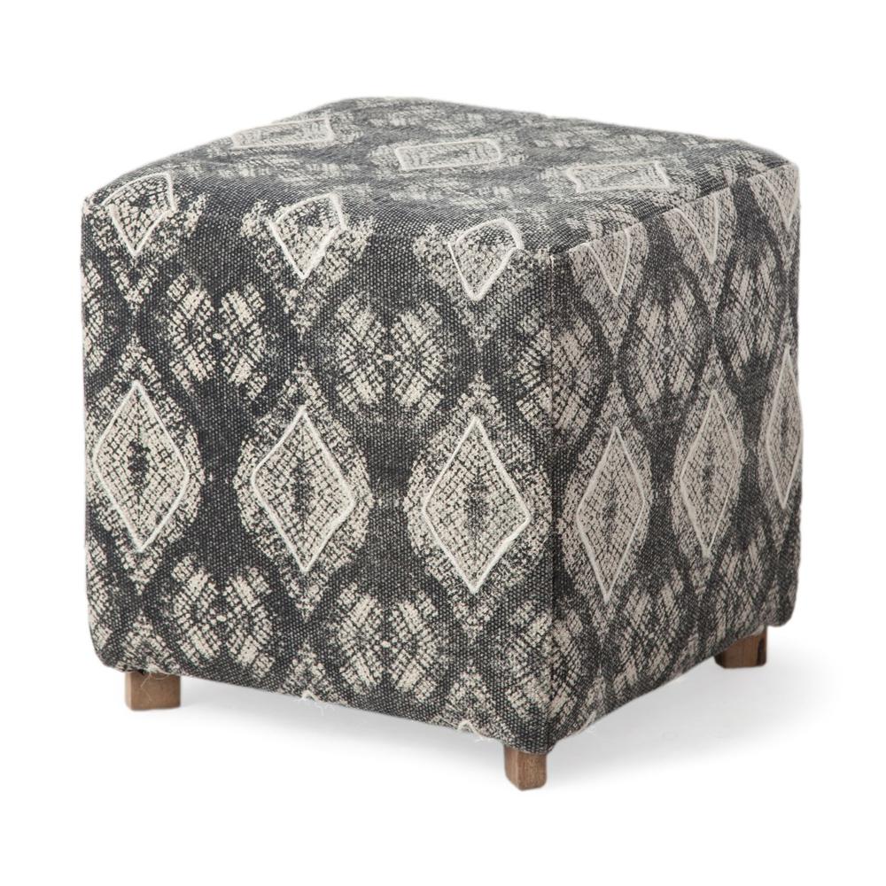 Patterned Fabric Covered Ottoman with Wooden Legs Gray. Picture 1