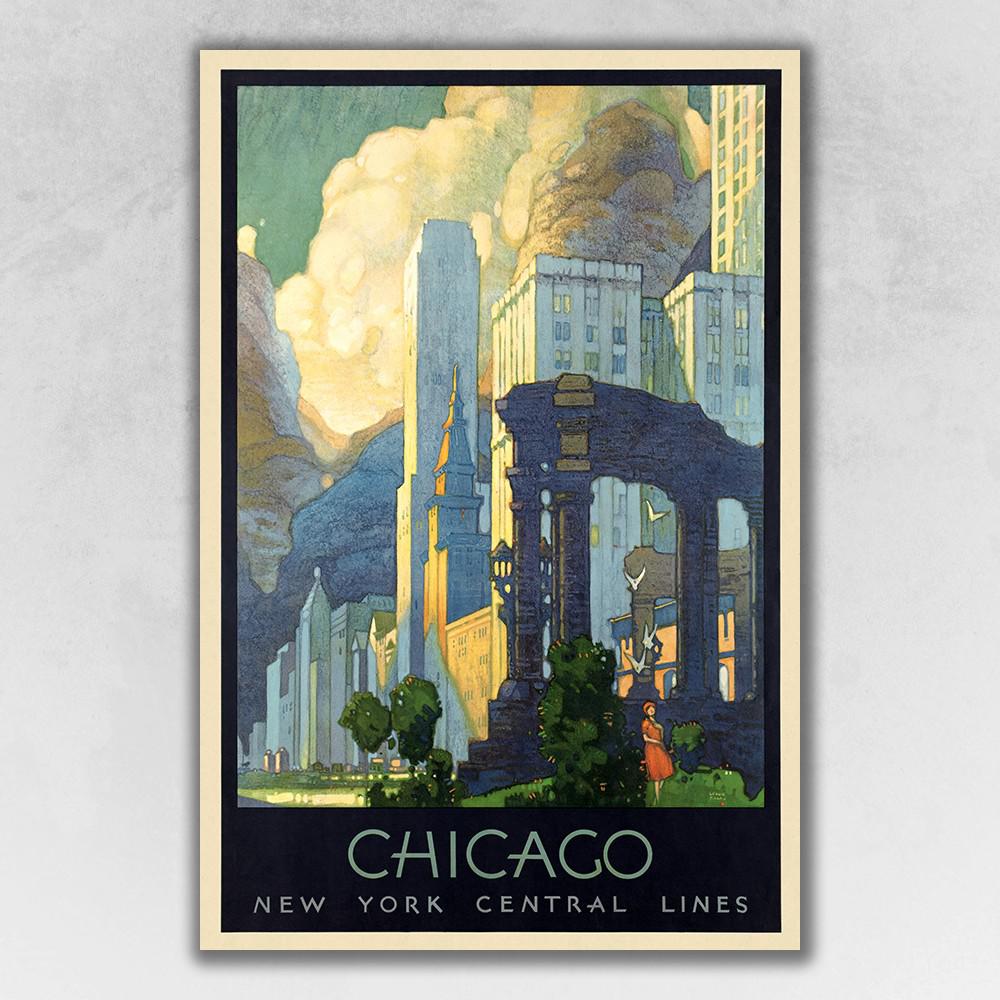 36" x 54" Vintage 1929 Chicago Michigan Ave Travel Poster Wall Art Multi. Picture 1