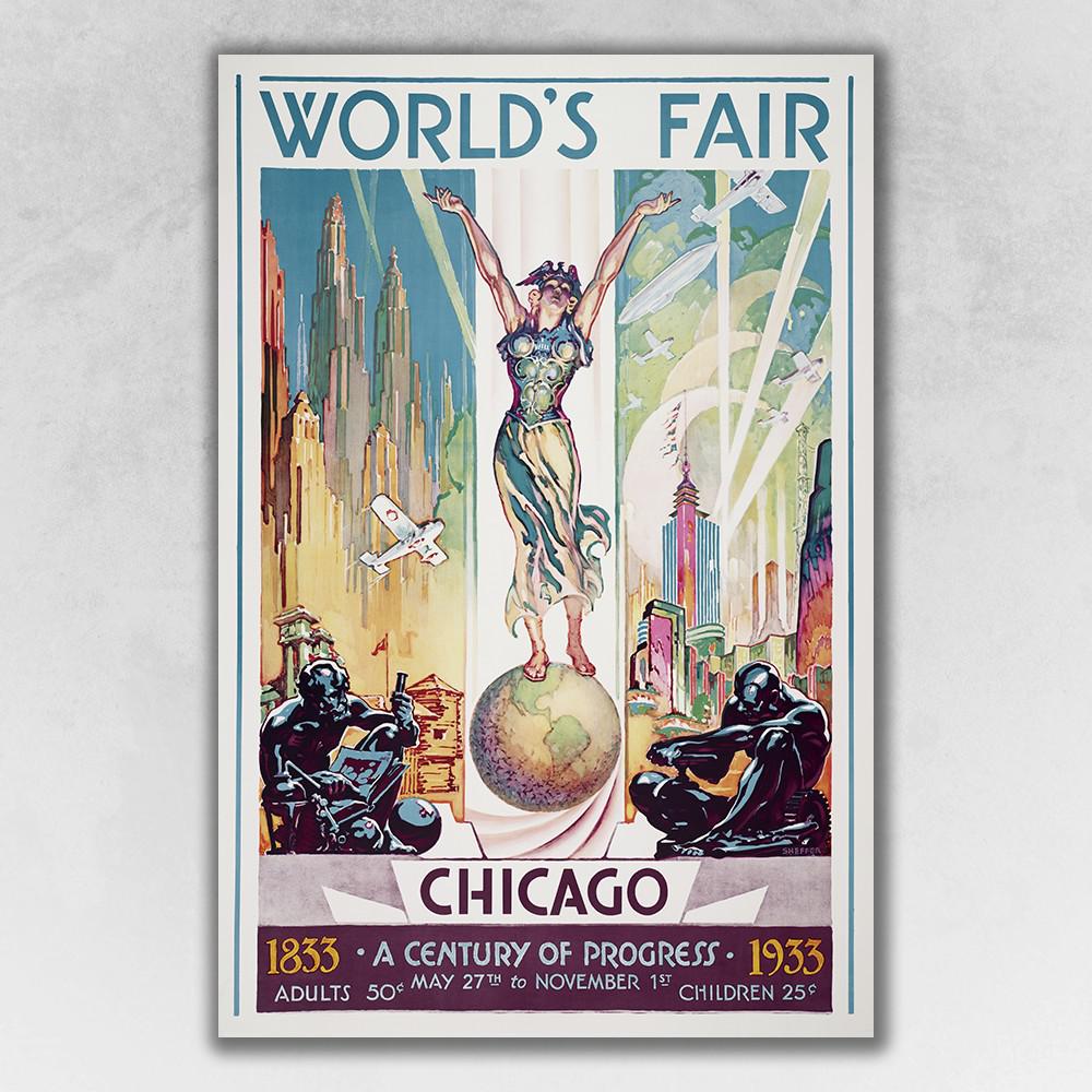 36" x 54" Vintage 1933 Chicago Worlds Fair Wall Art Multi. Picture 1