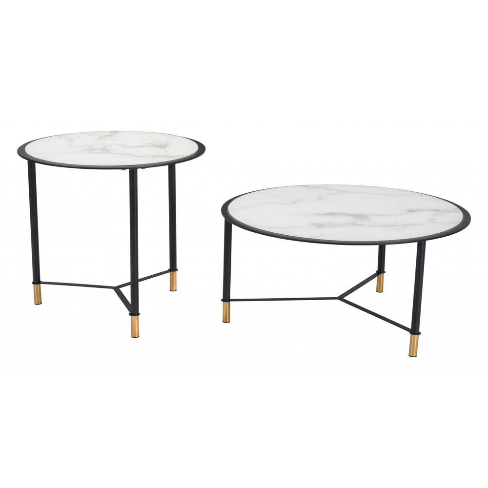 Set Of Two 32" Black And White Faux Marble Glass Round Coffee Tables. Picture 5