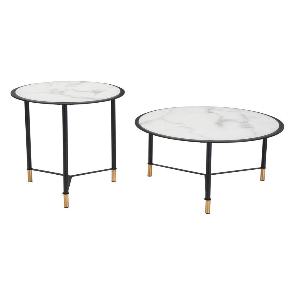 Set Of Two 32" Black And White Faux Marble Glass Round Coffee Tables. Picture 6