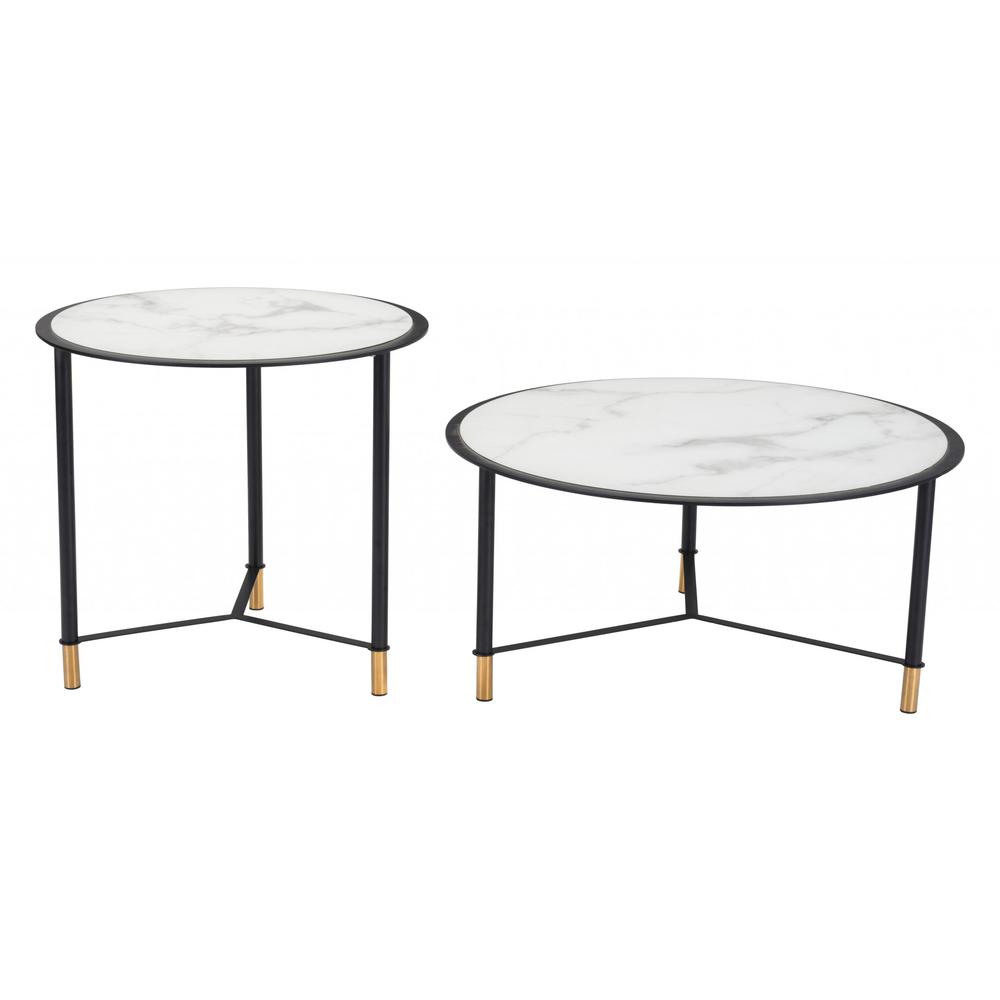 Set Of Two 32" Black And White Faux Marble Glass Round Coffee Tables. Picture 2